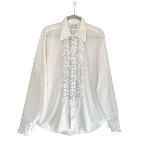 Vintage 70s LION OF TROY Ruffled Tuxedo Shirt White Blue Trim USA Large